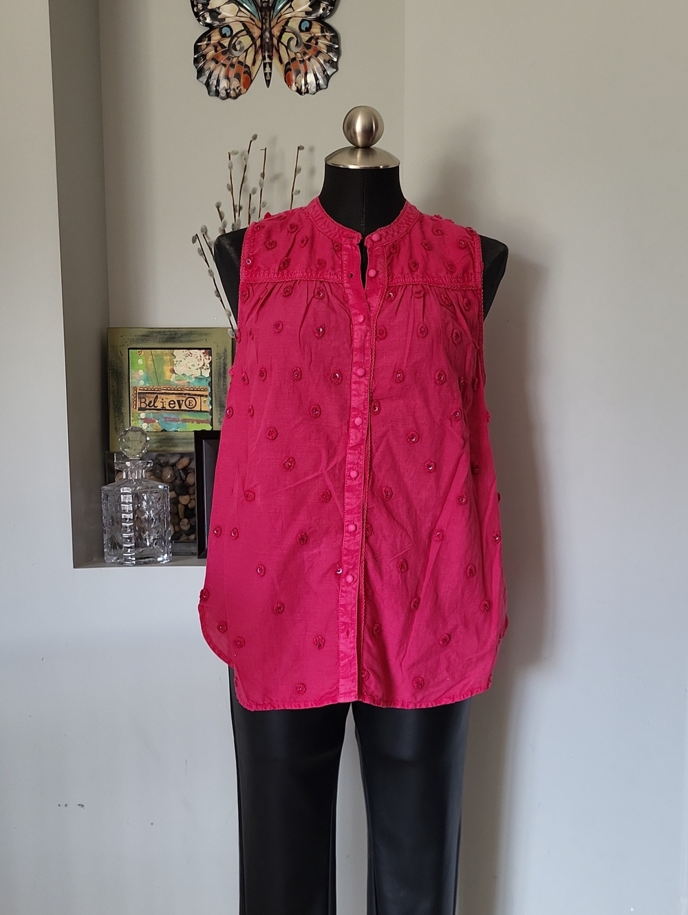 Pilcro Sleeveless Embroidered Button-Front Shirt - Fuchsia Pink